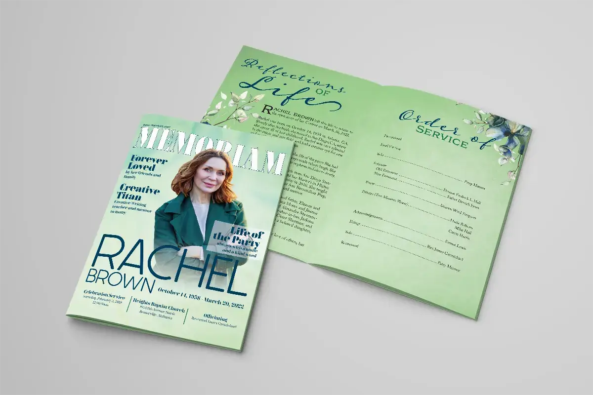 4 Page Small Booklet Memorial Program featuring Magazine Style (Rachel Brown) background