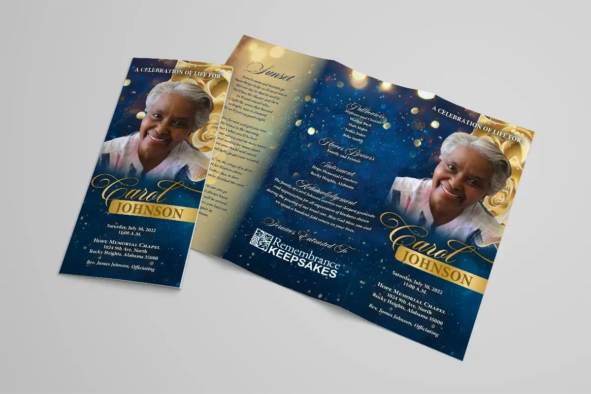 Deluxe trifold memorial program featuring blue and gold roses background (Carol Johnson)